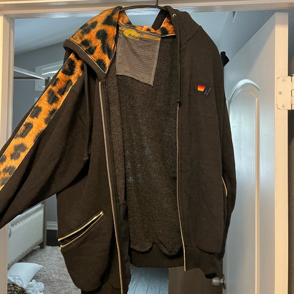 UNISEX Aviator Nation Cheetah Stripe Relaxed Zip Hoodie w/pockets